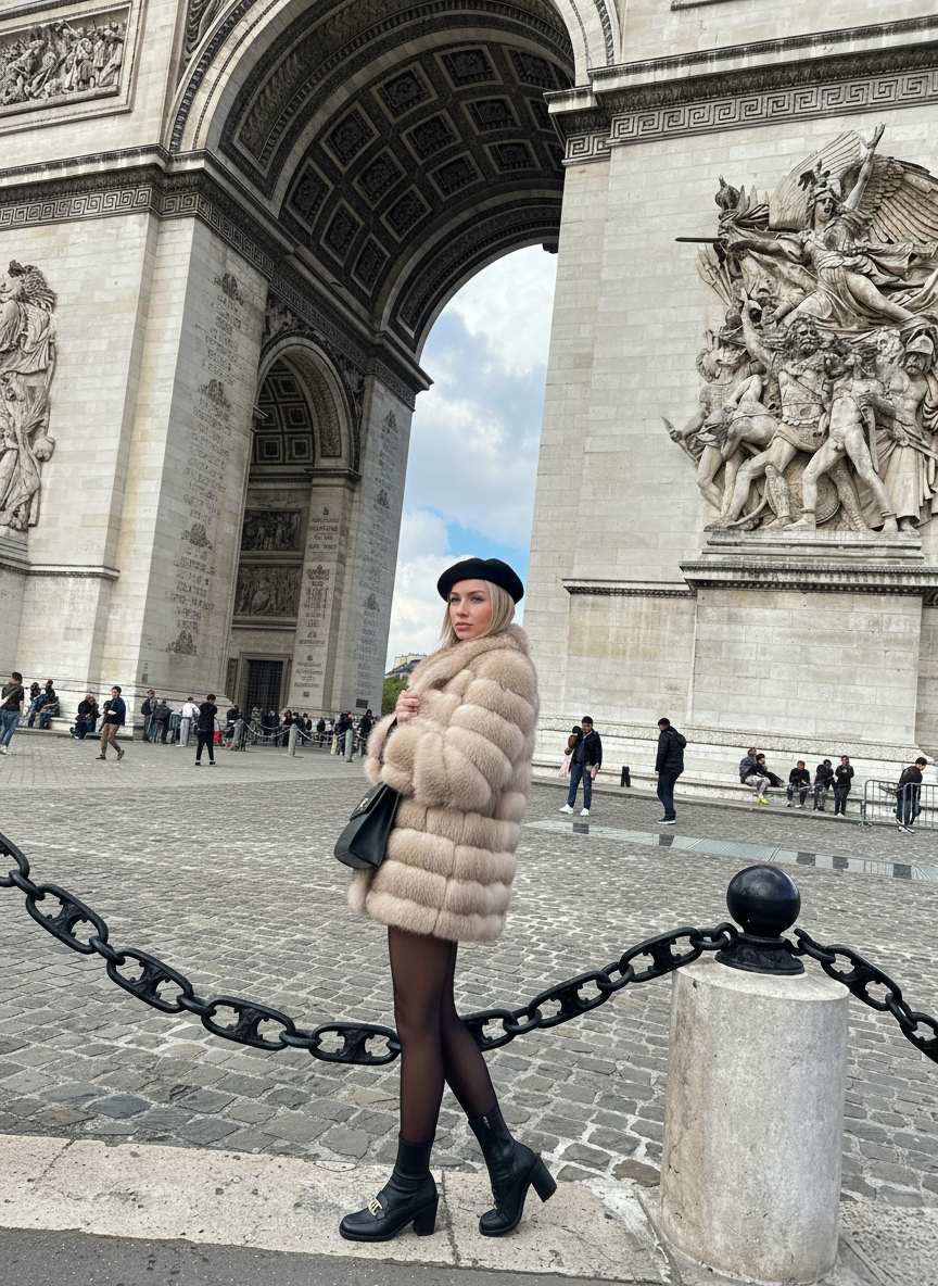 Pelliccia di volpe beige con righe orizzontali