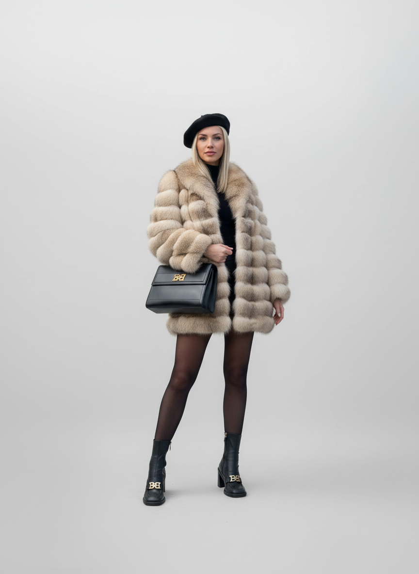 Pelliccia di volpe beige con righe orizzontali